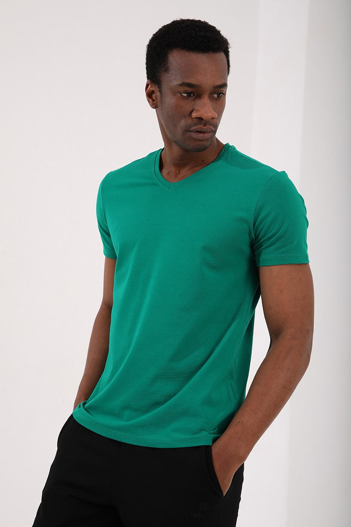 TMY Dark Green Basic Short Sleeve Standard Fit V-Neck Men's T-Shirt - 87912 - Daytona Beach