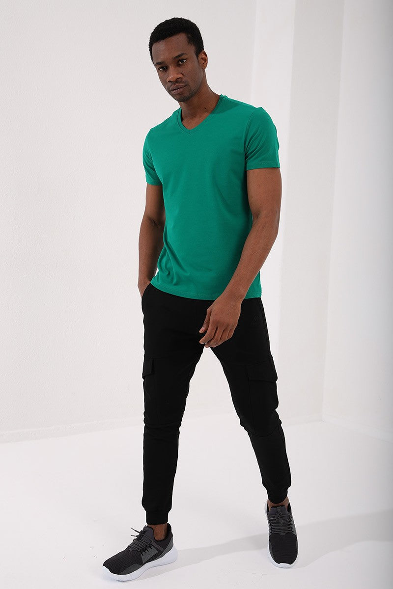 TMY Dark Green Basic Short Sleeve Standard Fit V-Neck Men's T-Shirt - 87912 - Daytona Beach