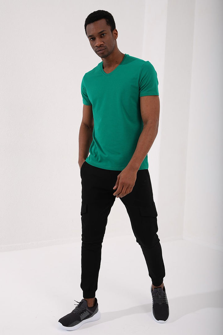 TMY Dark Green Basic Short Sleeve Standard Fit V-Neck Men's T-Shirt - 87912 - Daytona Beach
