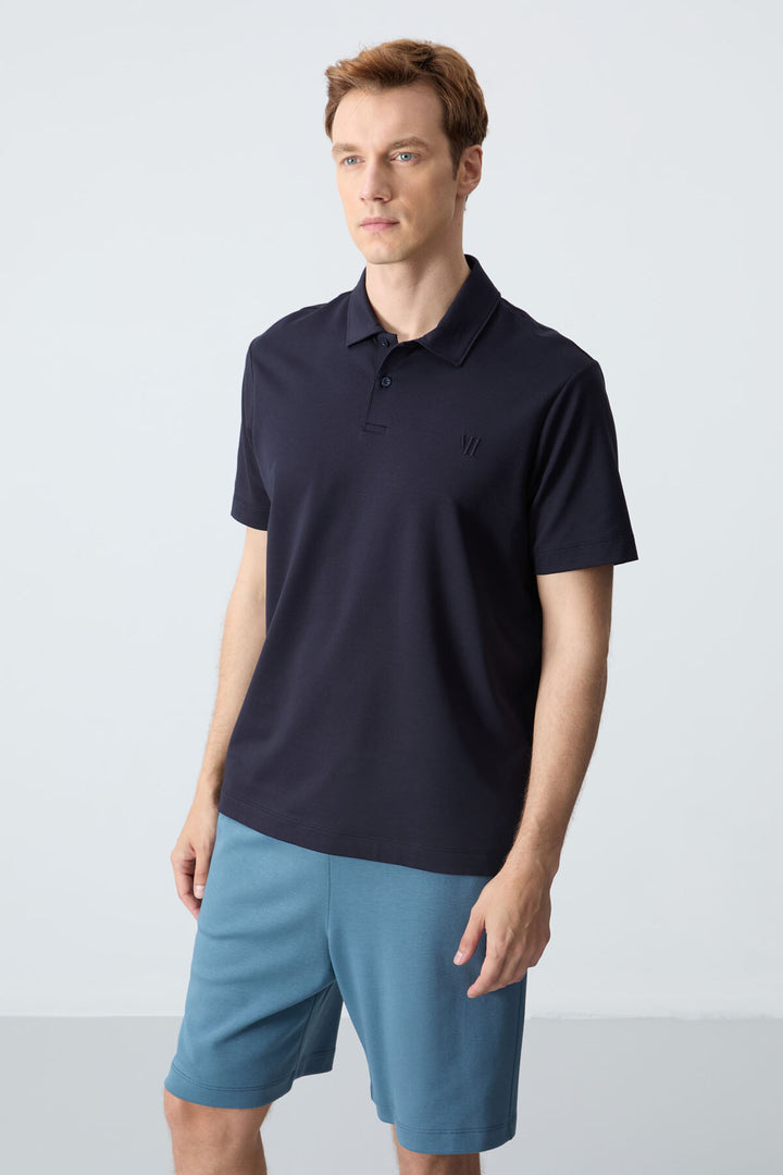 TMY Navy Blue Basic Chest Logo Standard Fit Knit Polo Collar Men's T-Shirt - 87768 - Skokie