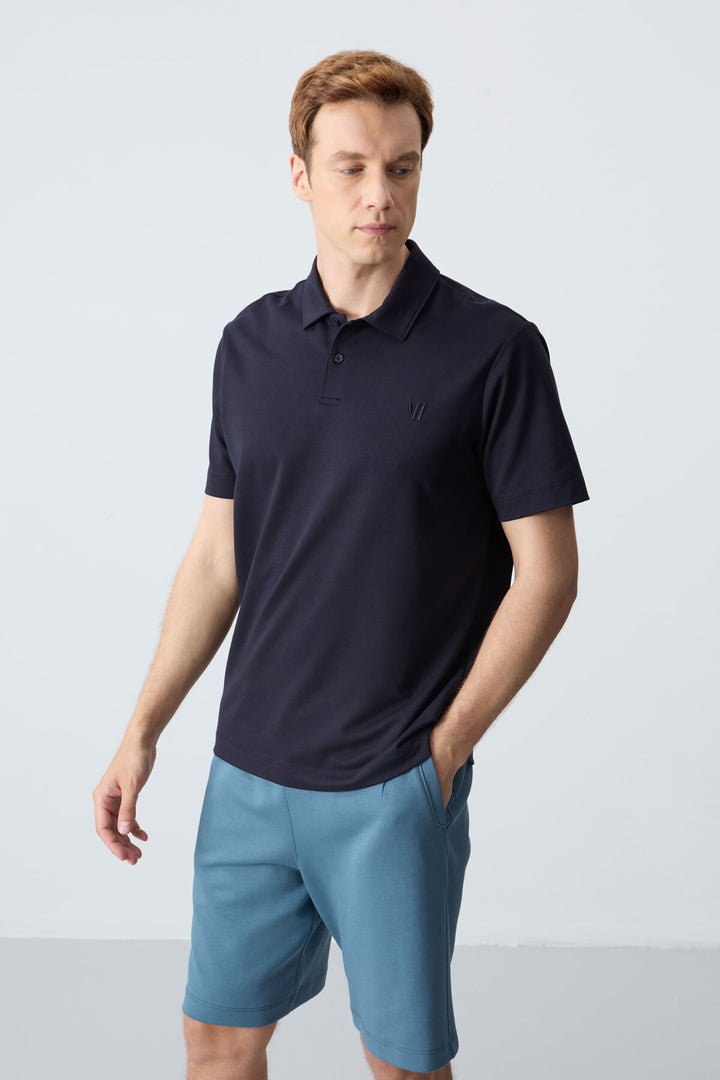 TMY Navy Blue Basic Chest Logo Standard Fit Knit Polo Collar Men's T-Shirt - 87768 - Skokie