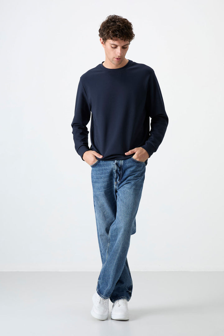 TMY Navy Blue Basic Round Neck Comfort Fit Men's Sweatshirt - 88053 - Albacete