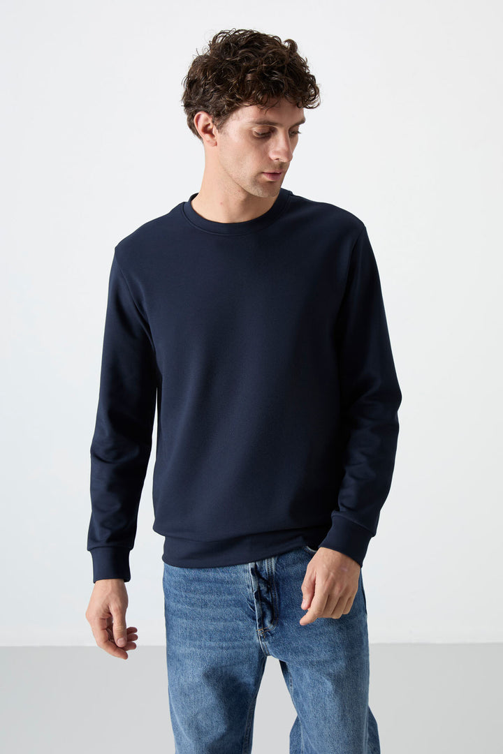 TMY Navy Blue Basic Round Neck Comfort Fit Men's Sweatshirt - 88053 - Albacete