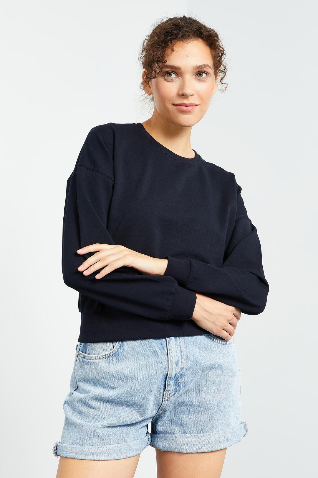 TMY Navy Blue Basic Comfort Fit Round Neck Women's Sweatshirt - 97114 - Portage