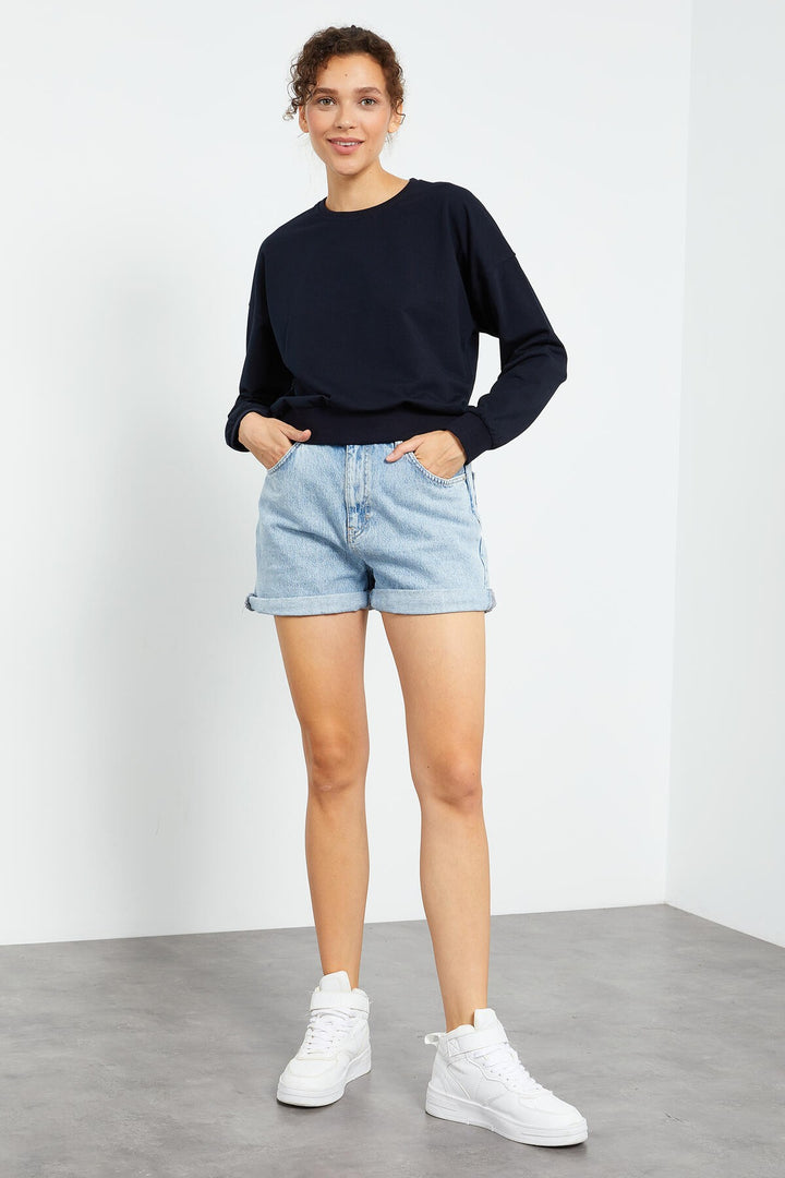 TMY Navy Blue Basic Comfort Fit Round Neck Women's Sweatshirt - 97114 - Portage