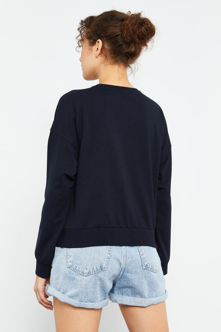 TMY Navy Blue Basic Comfort Fit Round Neck Women's Sweatshirt - 97114 - Portage