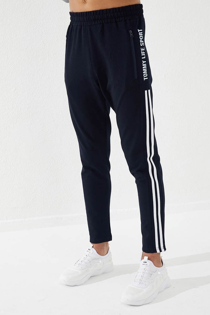 TMY Navy Printed Double Striped Slim Fit Jogger Men's Sweatpants - 84780 - Cosenza