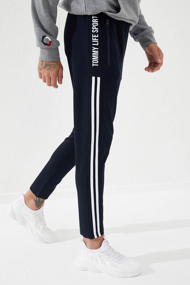 TMY Navy Printed Double Striped Slim Fit Jogger Men's Sweatpants - 84780 - Cosenza