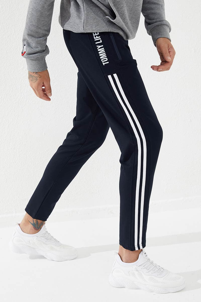 TMY Navy Printed Double Striped Slim Fit Jogger Men's Sweatpants - 84780 - Cosenza