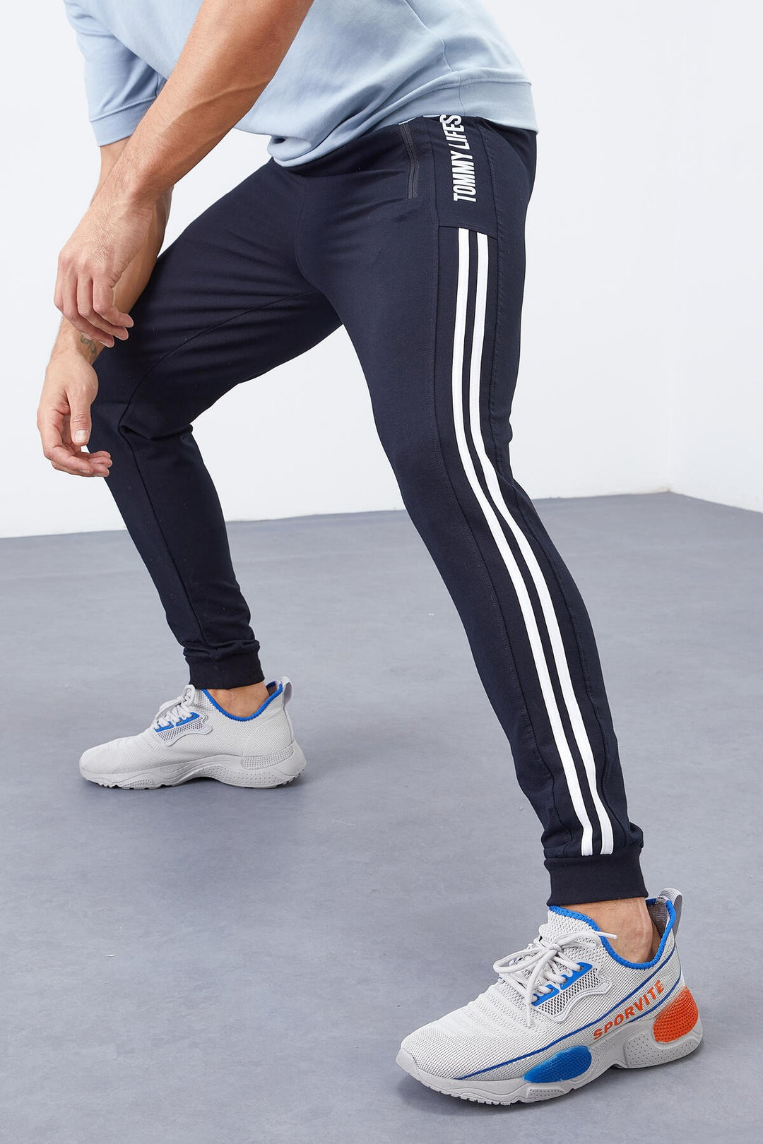 TMY Navy Blue Double Stripe Standard Fit Jogger Men's Sweatpants - 84694 - Arles