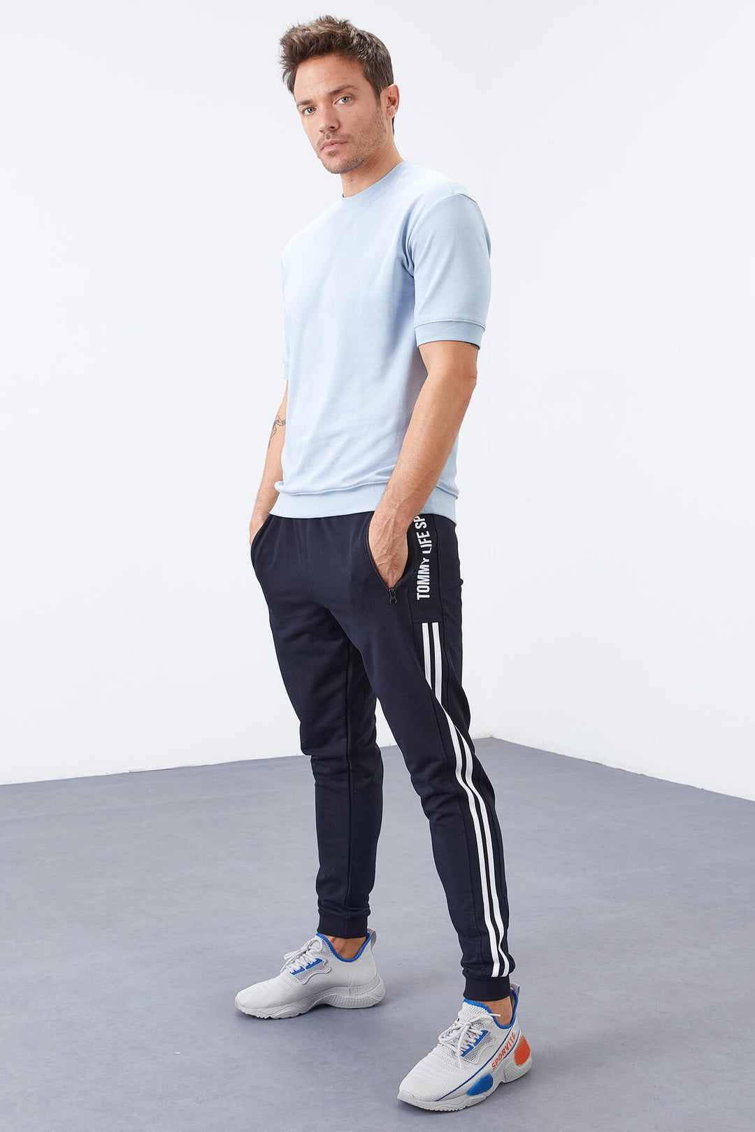 TMY Navy Blue Double Stripe Standard Fit Jogger Men's Sweatpants - 84694 - Arles