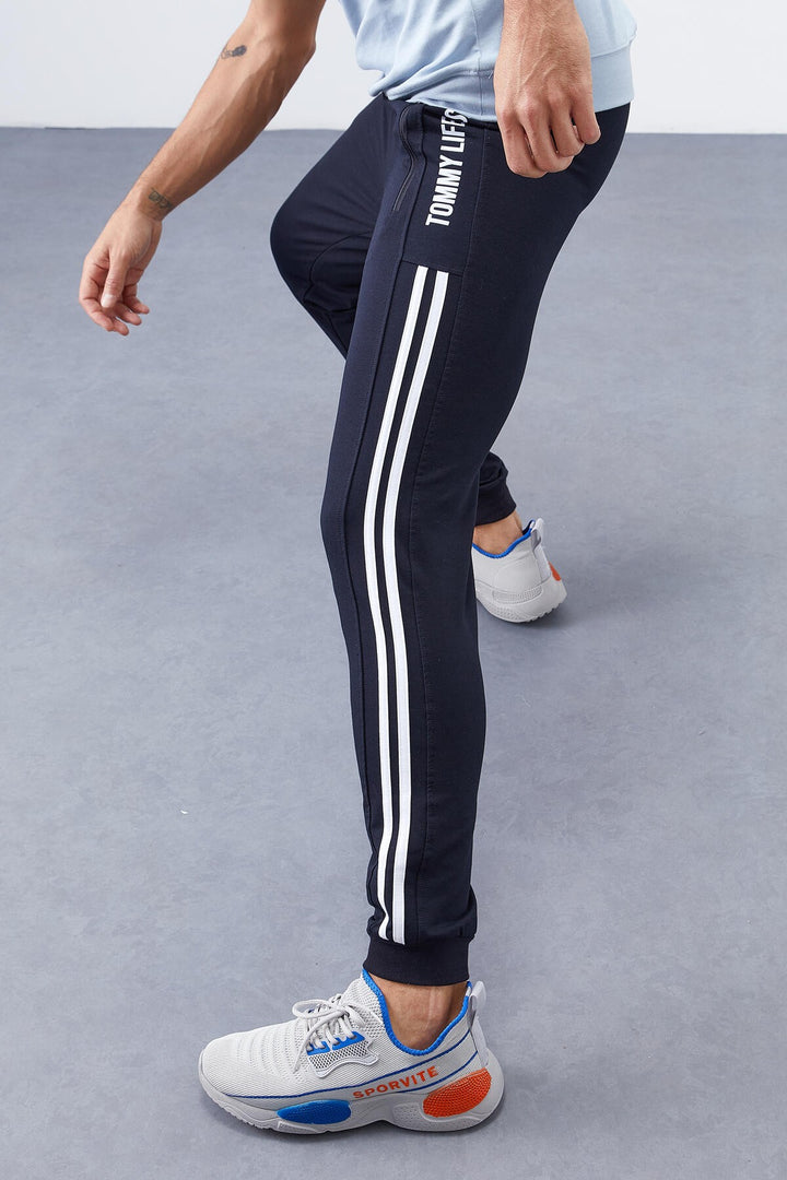 TMY Navy Blue Double Stripe Standard Fit Jogger Men's Sweatpants - 84694 - Arles