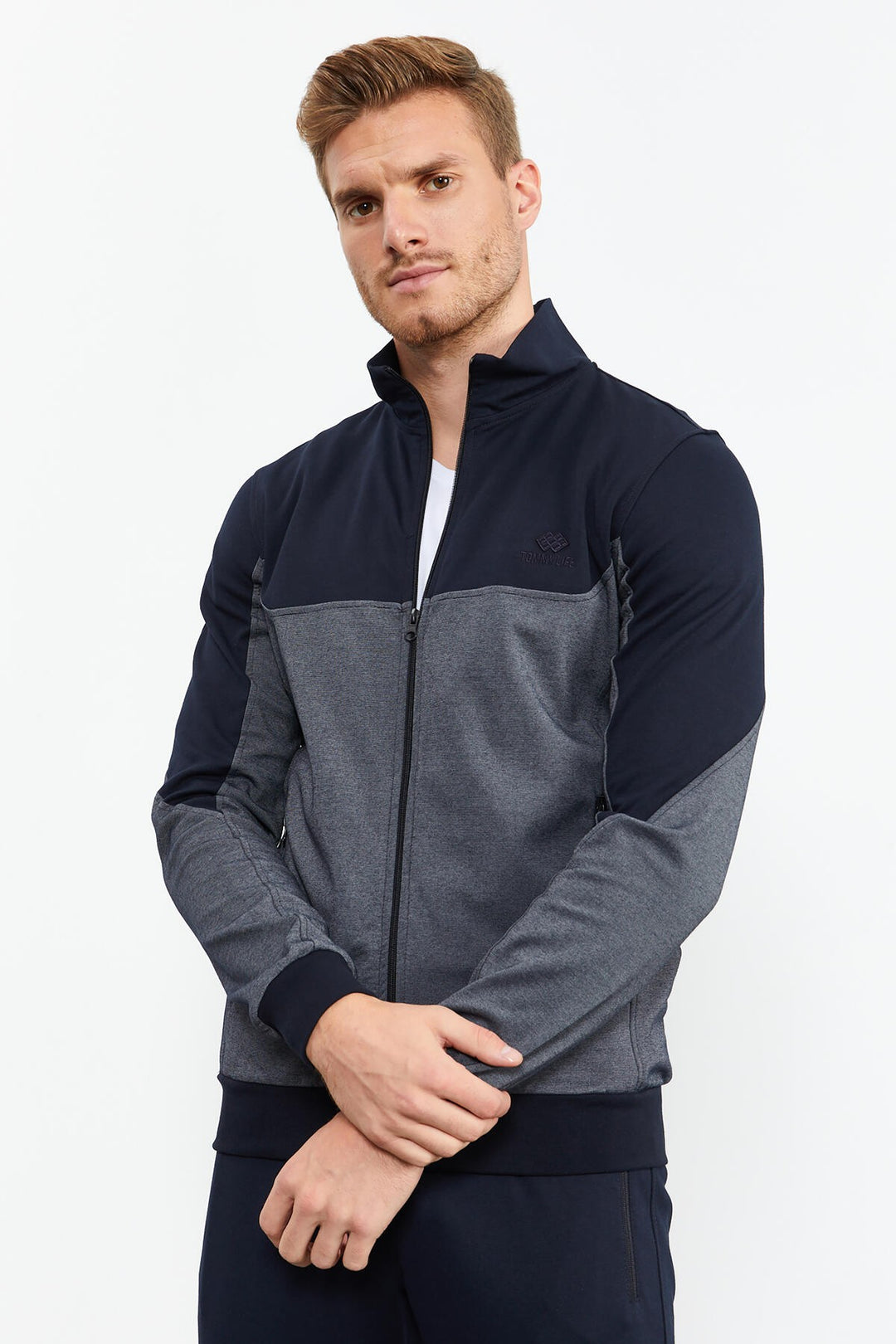 TMY Navy Blue High Neck Two-Tone Standard Fit Cuffed Men's Tracksuit - 85142 - Fano