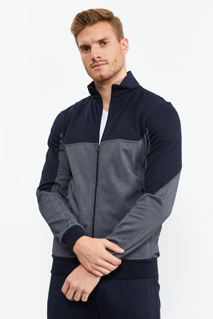 TMY Navy Blue High Neck Two-Tone Standard Fit Cuffed Men's Tracksuit - 85142 - Fano