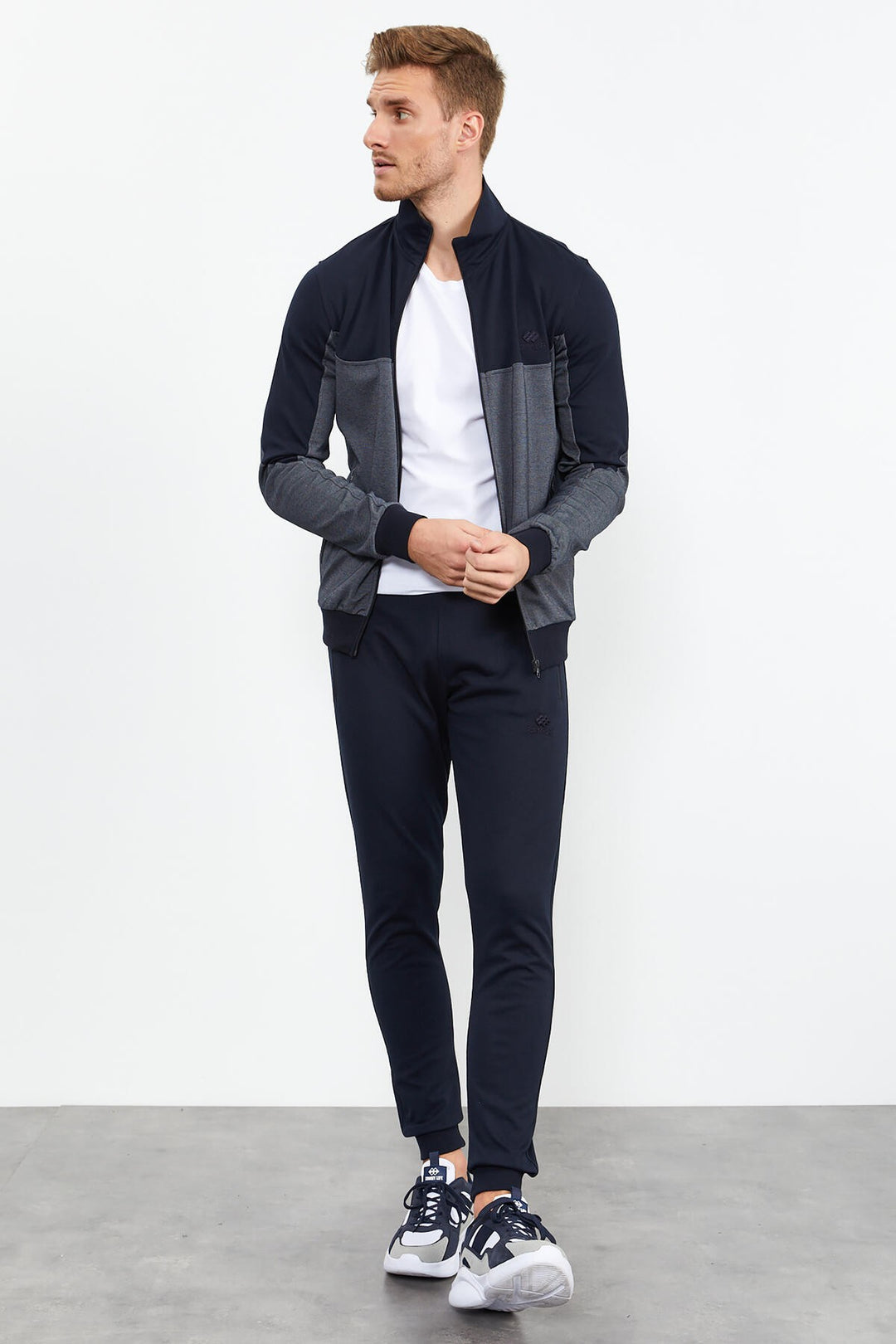 TMY Navy Blue High Neck Two-Tone Standard Fit Cuffed Men's Tracksuit - 85142 - Fano