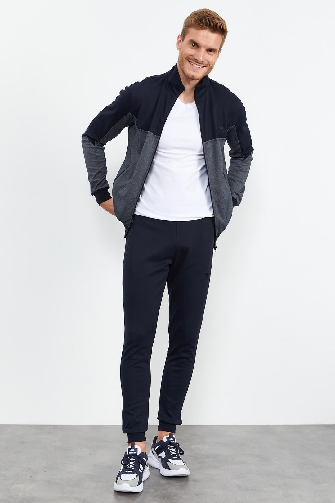 TMY Navy Blue High Neck Two-Tone Standard Fit Cuffed Men's Tracksuit - 85142 - Fano