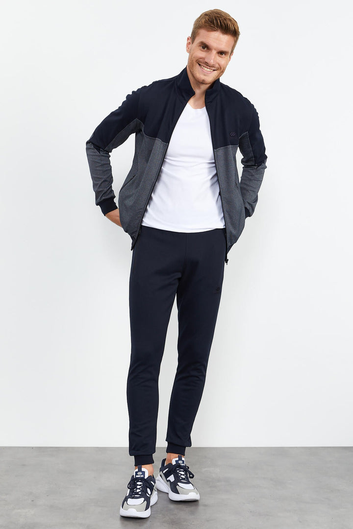 TMY Navy Blue High Neck Two-Tone Standard Fit Cuffed Men's Tracksuit - 85142 - Fano