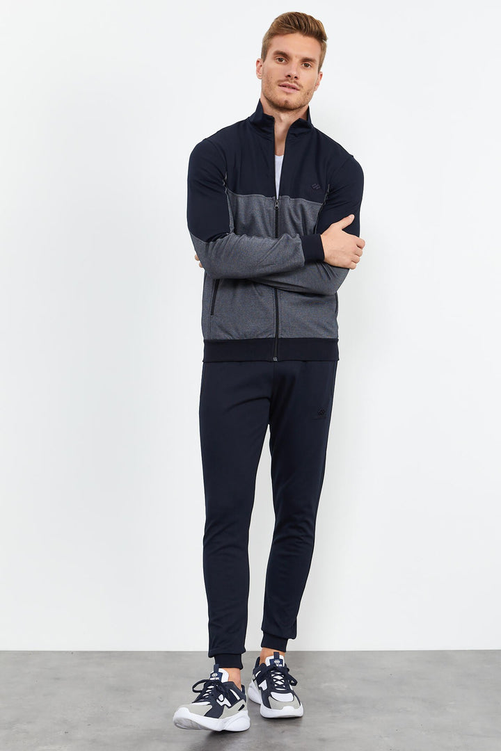 TMY Navy Blue High Neck Two-Tone Standard Fit Cuffed Men's Tracksuit - 85142 - Fano