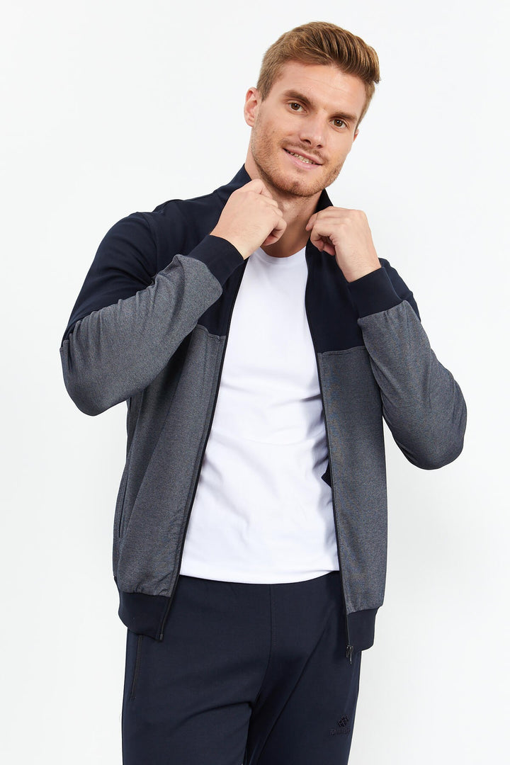 TMY Navy Blue High Neck Two-Tone Standard Fit Cuffed Men's Tracksuit - 85142 - Fano
