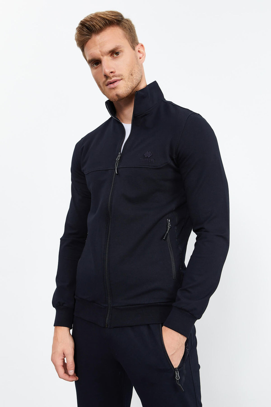 TMY Navy Blue Zippered High Neck Standard Fit Classic Cuff Men's Tracksuit - 85152 - Alexandria