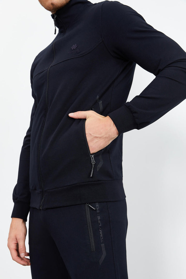 TMY Navy Blue Zippered High Neck Standard Fit Classic Cuff Men's Tracksuit - 85152 - Alexandria