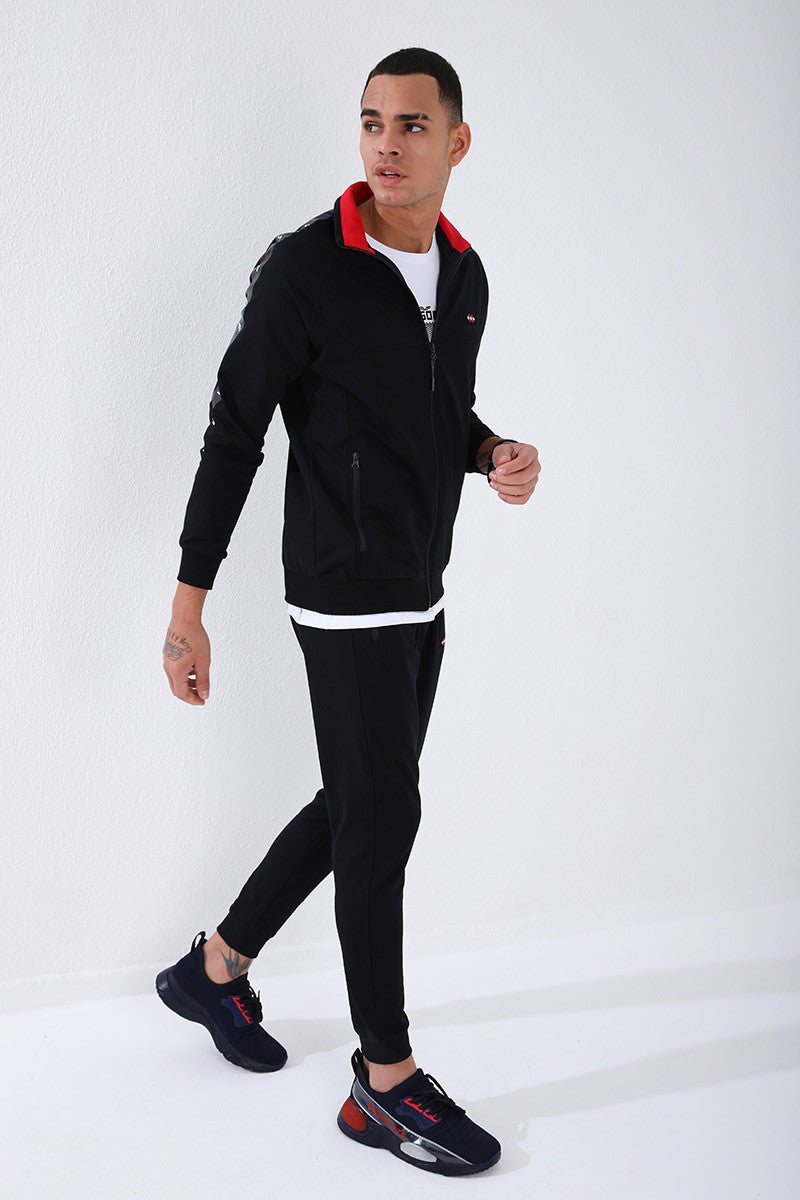 TMY Navy Blue High Neck Striped Printed Standard Mold Cuffed Men's Tracksuit - 85150 - Mazatlán