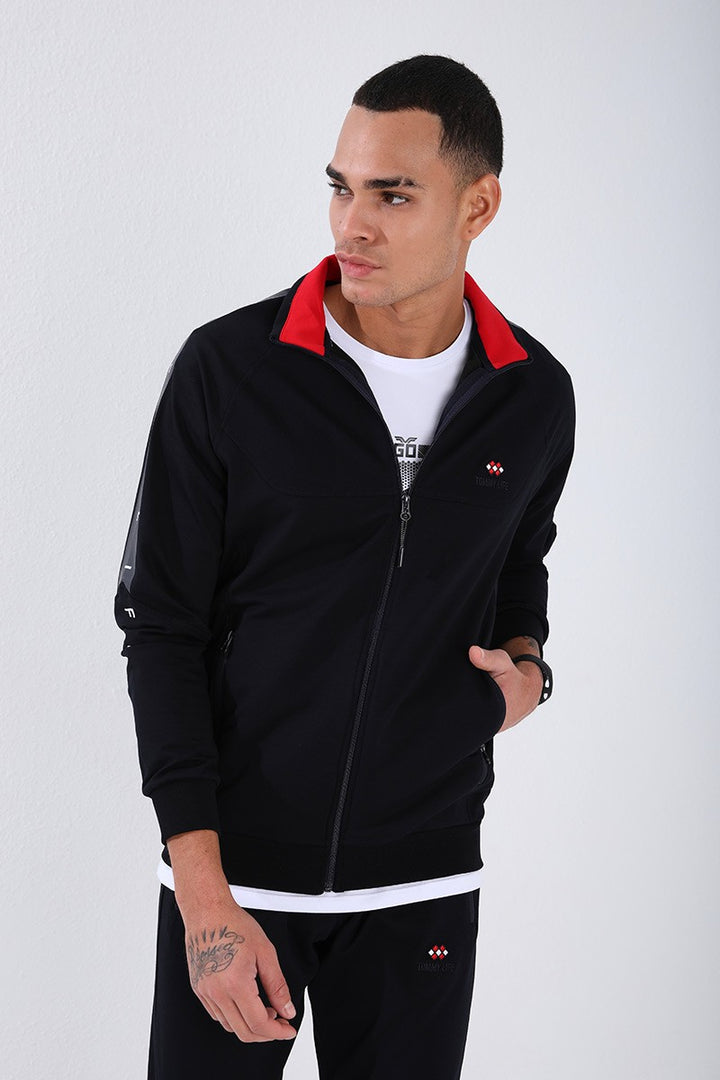 TMY Navy Blue High Neck Striped Printed Standard Mold Cuffed Men's Tracksuit - 85150 - Mazatlán