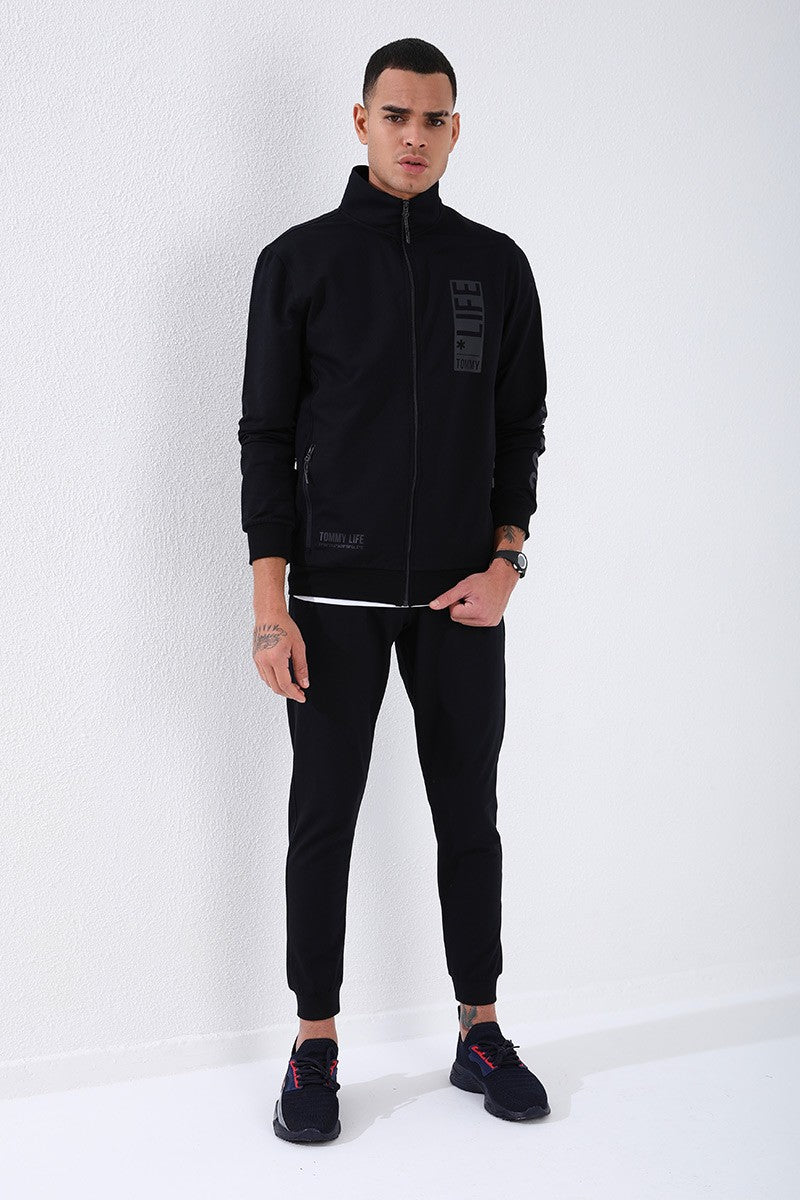 TMY Navy Blue High Neck Printed Standard Fit Cuffed Men's Tracksuit - 85149 - Rheden