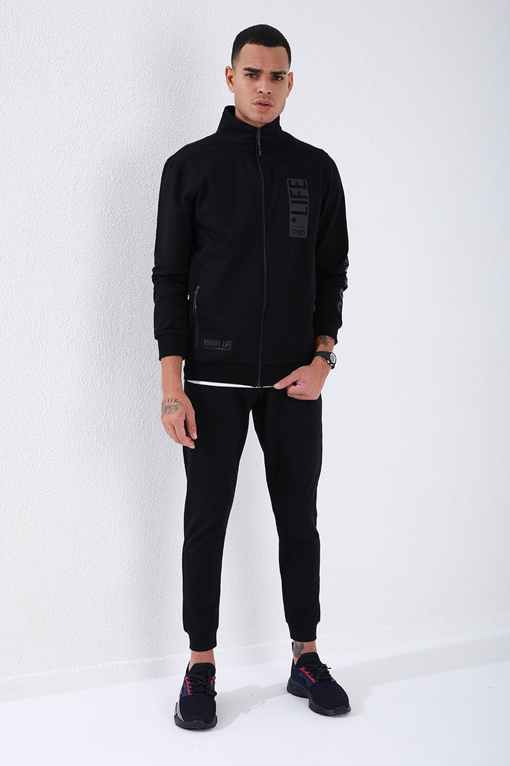TMY Navy Blue High Neck Printed Standard Fit Cuffed Men's Tracksuit - 85149 - Rheden