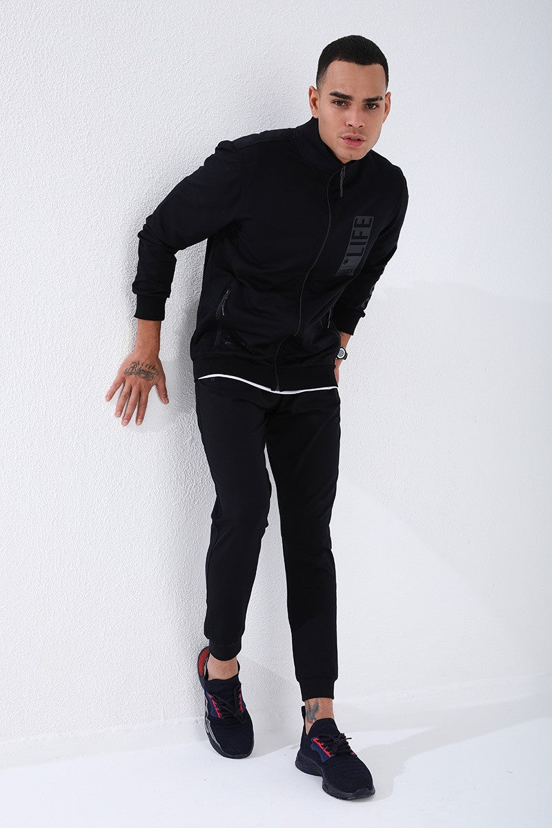 TMY Navy Blue High Neck Printed Standard Fit Cuffed Men's Tracksuit - 85149 - Rheden