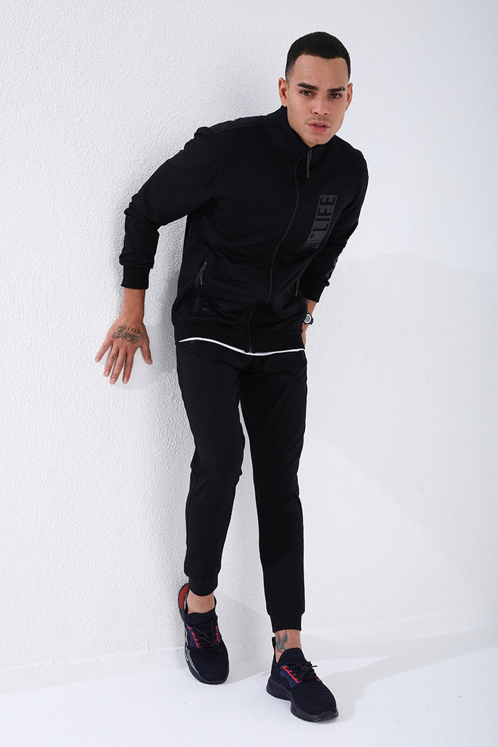 TMY Navy Blue High Neck Printed Standard Fit Cuffed Men's Tracksuit - 85149 - Rheden