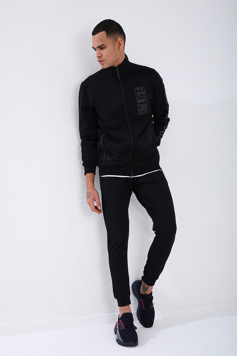 TMY Navy Blue High Neck Printed Standard Fit Cuffed Men's Tracksuit - 85149 - Rheden