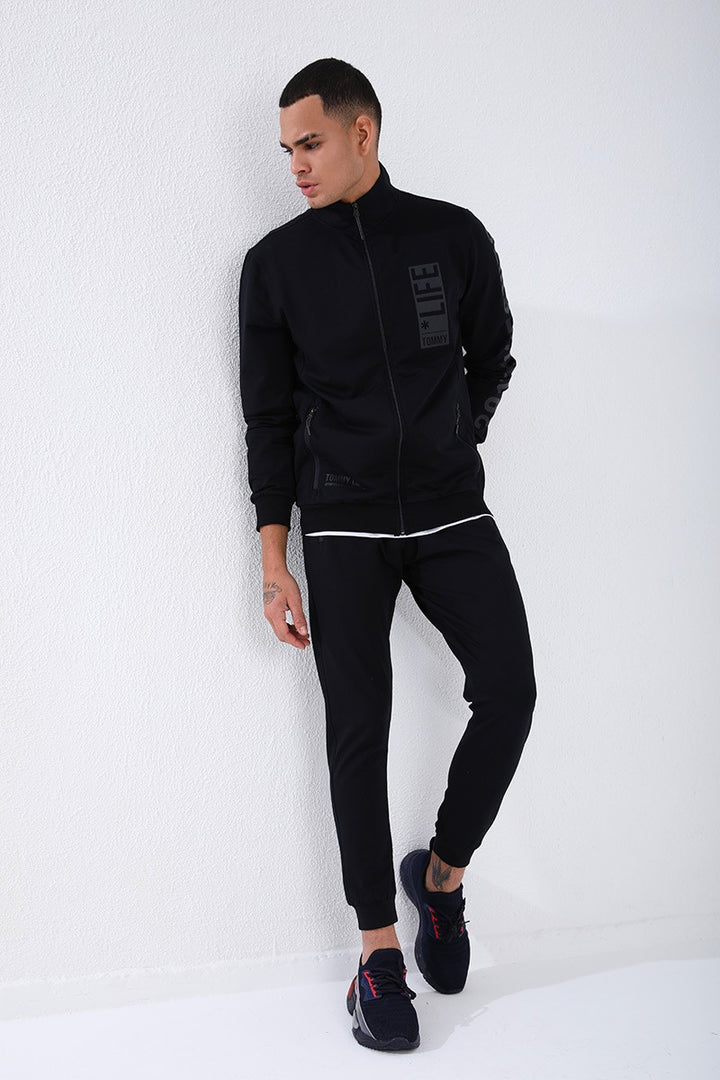 TMY Navy Blue High Neck Printed Standard Fit Cuffed Men's Tracksuit - 85149 - Rheden