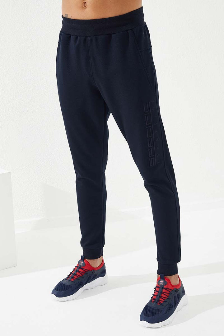 TMY Navy Blue Zippered Pocket Embroidered Slim Fit Jogger Men's Sweatpants - 84785 - Socorro