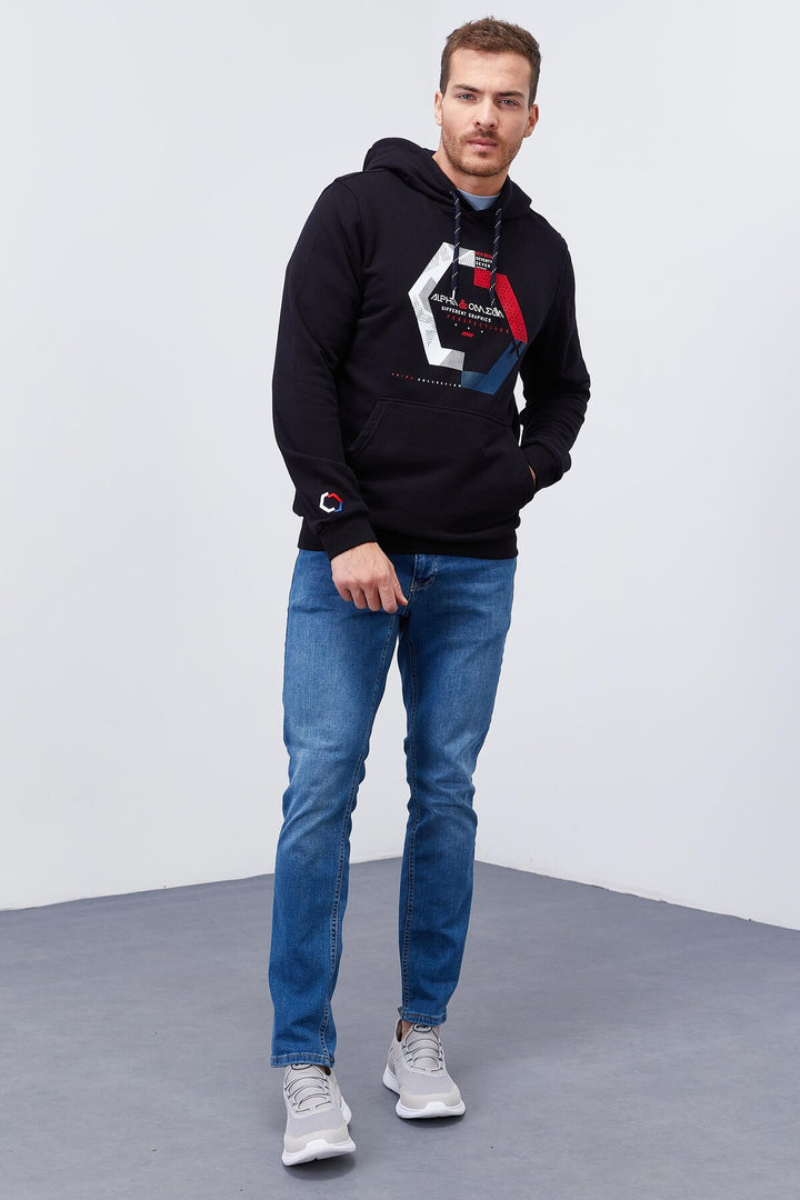 TMY Navy Blue Geometric Printed Standard Fit Hooded Men's Sweatshirt - 87870 - Merthyr Tudful