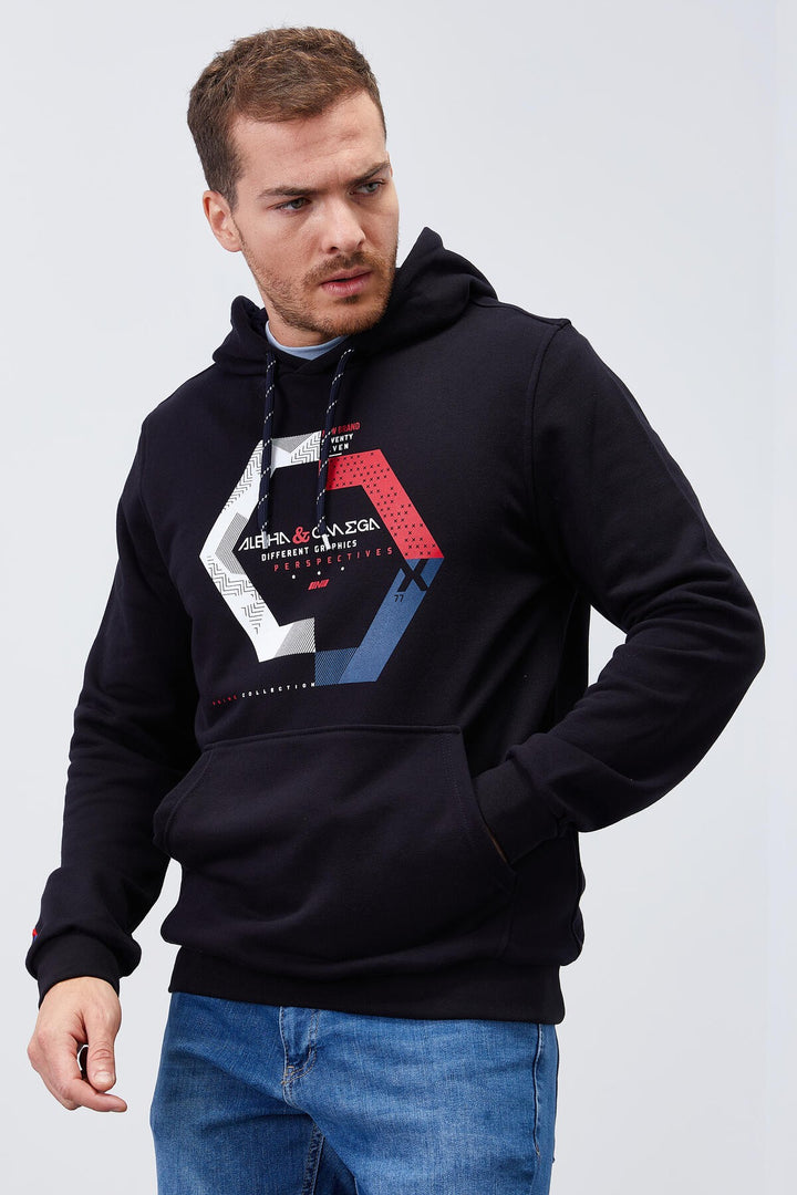 TMY Navy Blue Geometric Printed Standard Fit Hooded Men's Sweatshirt - 87870 - Merthyr Tudful