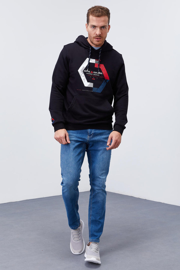 TMY Navy Blue Geometric Printed Standard Fit Hooded Men's Sweatshirt - 87870 - Merthyr Tudful
