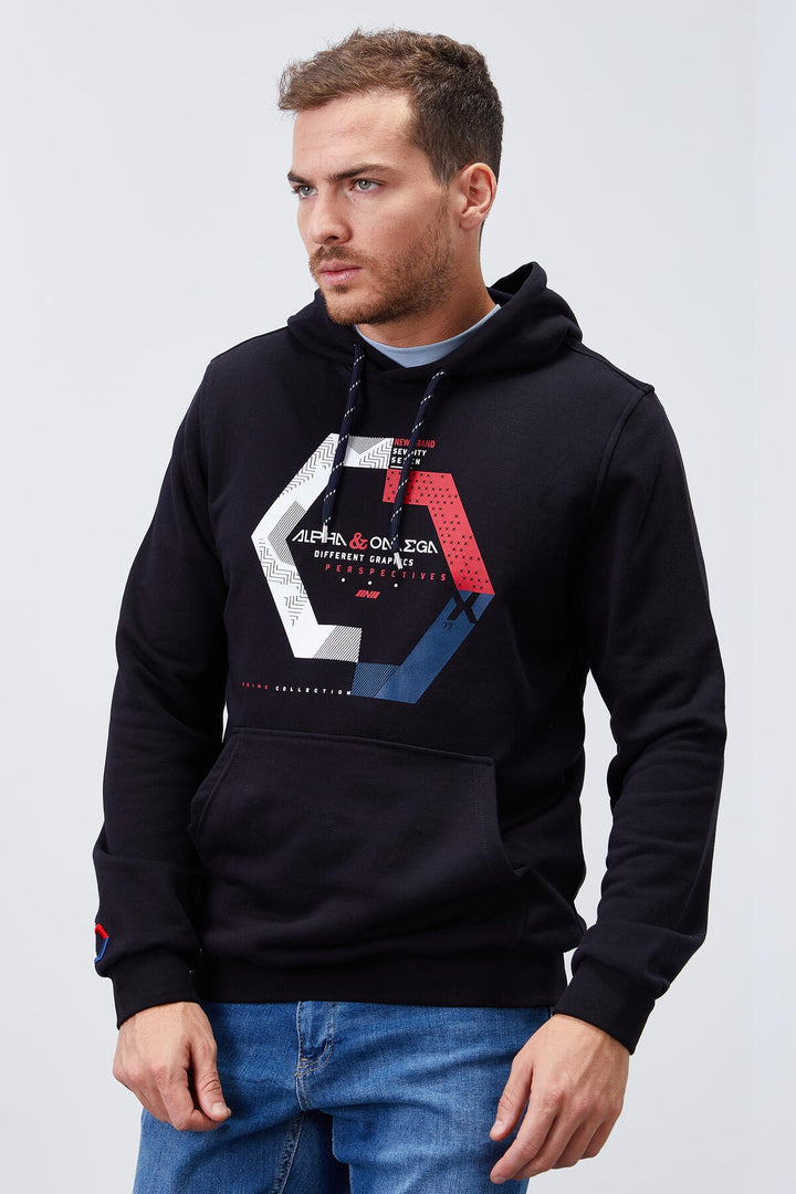 TMY Navy Blue Geometric Printed Standard Fit Hooded Men's Sweatshirt - 87870 - Merthyr Tudful