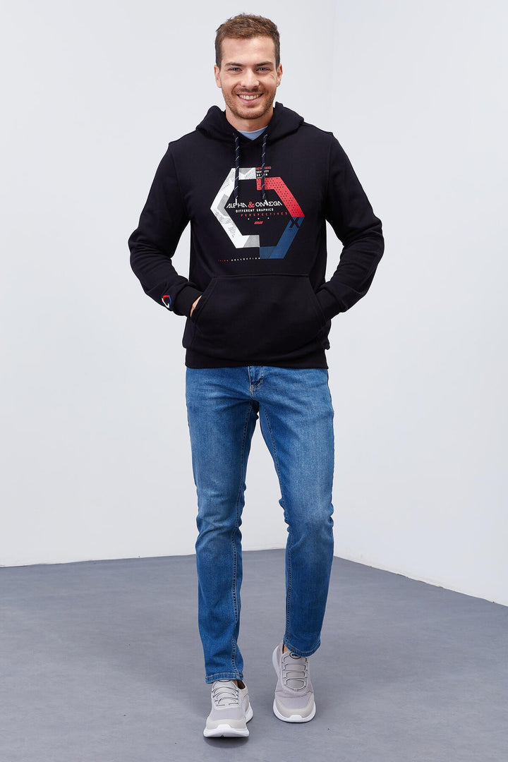 TMY Navy Blue Geometric Printed Standard Fit Hooded Men's Sweatshirt - 87870 - Merthyr Tudful