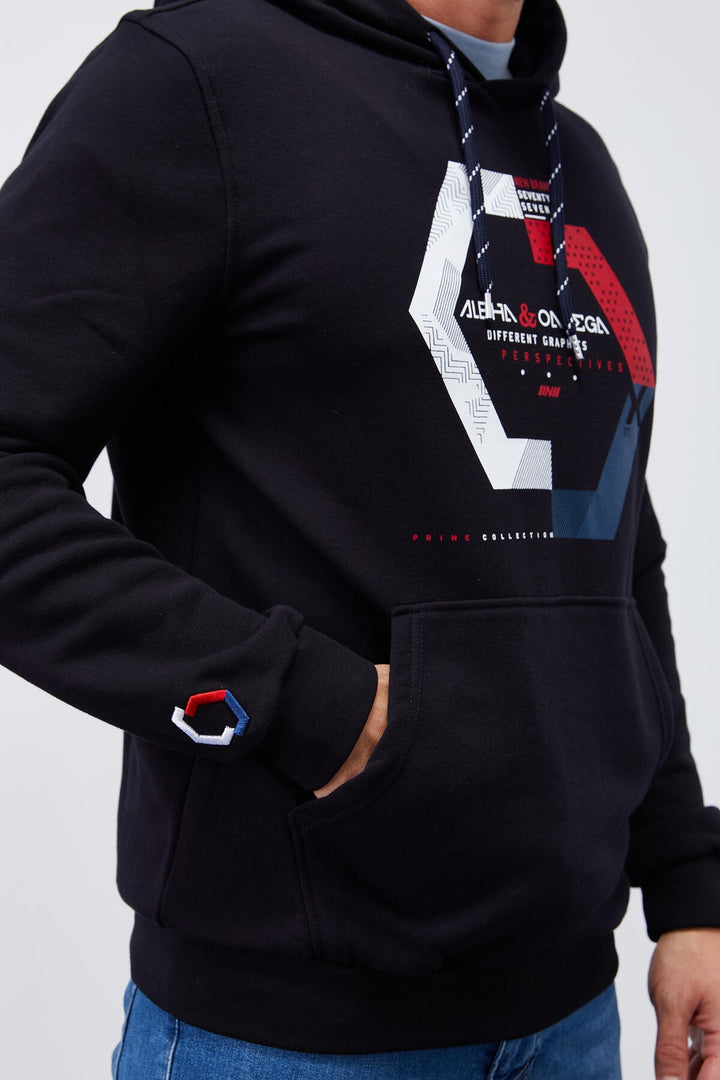 TMY Navy Blue Geometric Printed Standard Fit Hooded Men's Sweatshirt - 87870 - Merthyr Tudful