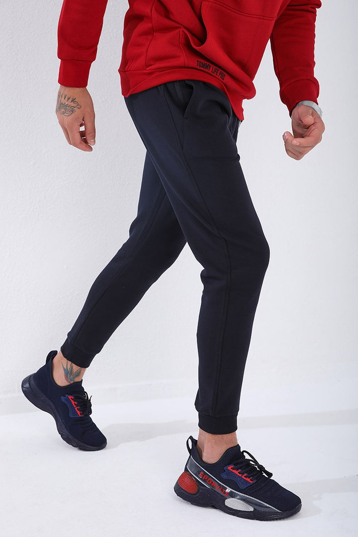 TMY Navy Blue Zippered Pocket Detailed Embroidered Slim Fit Jogger Men's Sweatpants - 84807 - Kansas City