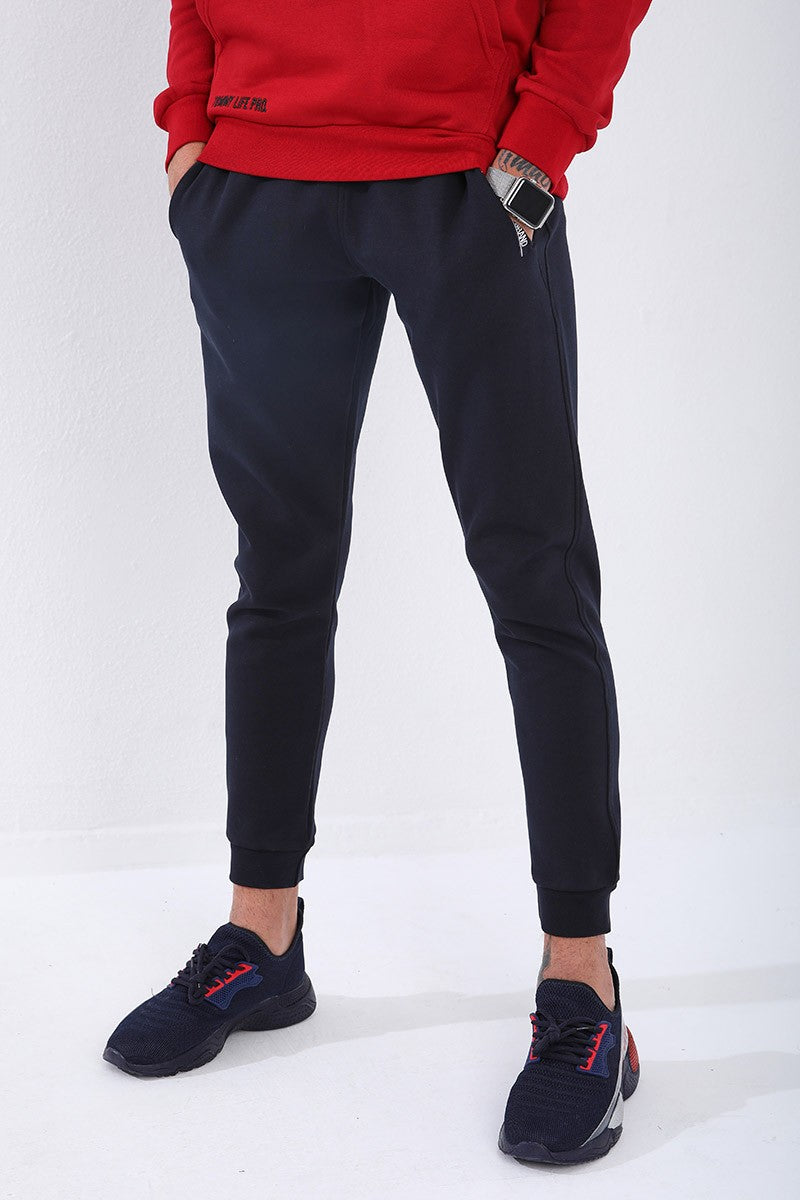 TMY Navy Blue Zippered Pocket Detailed Embroidered Slim Fit Jogger Men's Sweatpants - 84807 - Kansas City