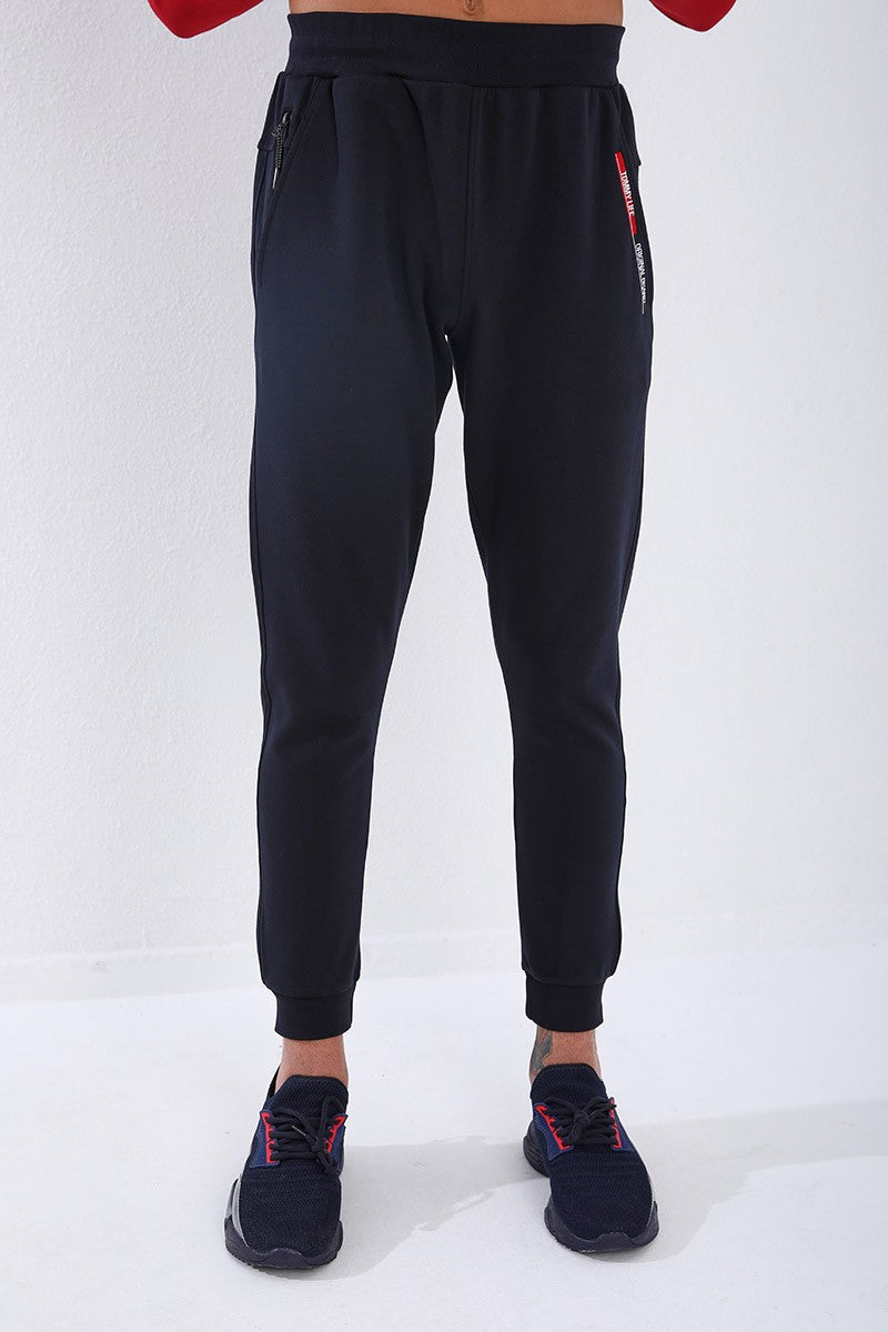 TMY Navy Blue Zippered Pocket Detailed Embroidered Slim Fit Jogger Men's Sweatpants - 84807 - Kansas City