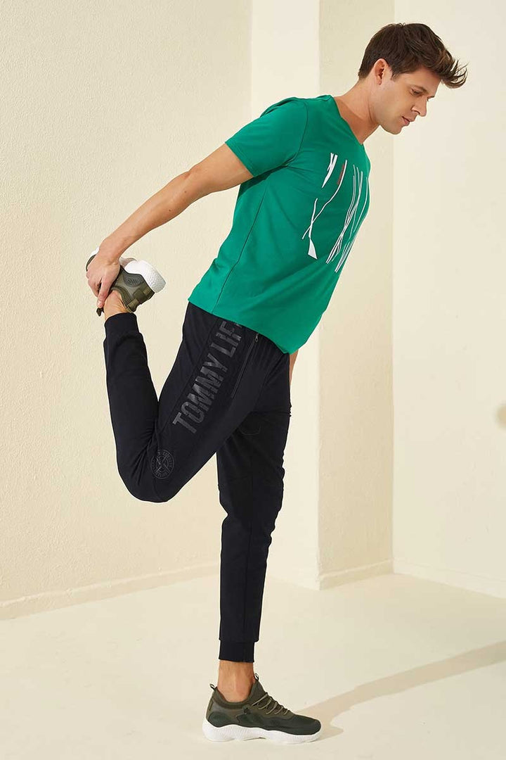 TMY Navy Blue Zippered Pocket Printed Standard Fit Jogger Men's Sweatpants - 84762 - Mazara del Vallo