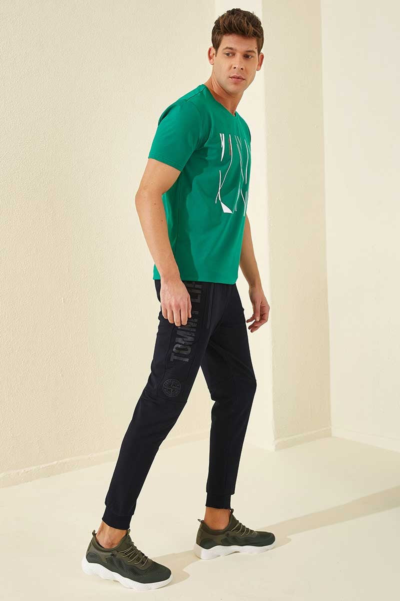 TMY Navy Blue Zippered Pocket Printed Standard Fit Jogger Men's Sweatpants - 84762 - Mazara del Vallo