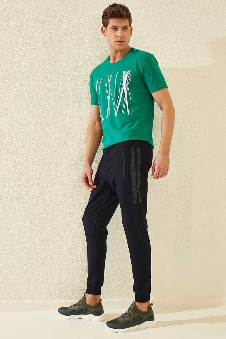 TMY Navy Blue Zippered Pocket Printed Standard Fit Jogger Men's Sweatpants - 84762 - Mazara del Vallo