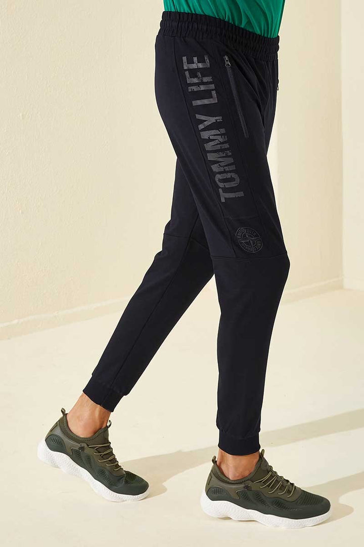 TMY Navy Blue Zippered Pocket Printed Standard Fit Jogger Men's Sweatpants - 84762 - Mazara del Vallo