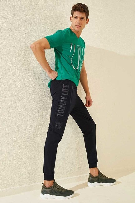 TMY Navy Blue Zippered Pocket Printed Standard Fit Jogger Men's Sweatpants - 84762 - Mazara del Vallo