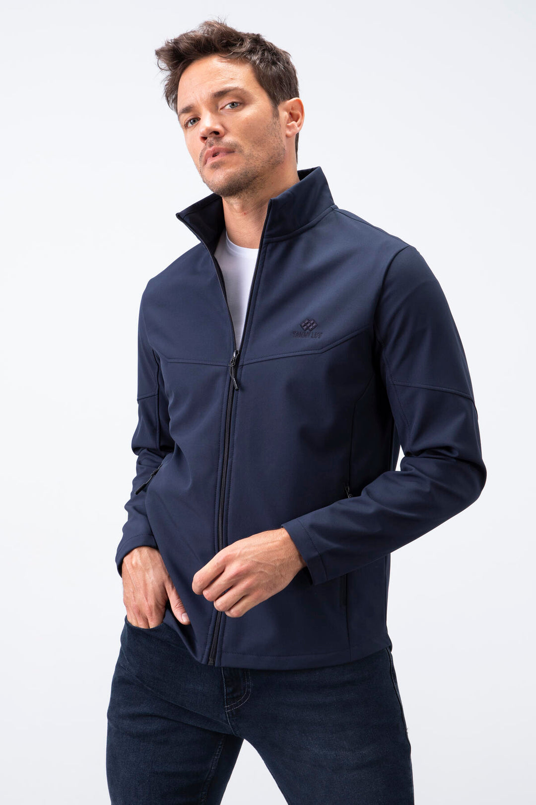 TMY Navy Zippered High Neck Water and Wind Resistant Softshell Men's Jacket - 88050 - Zalău