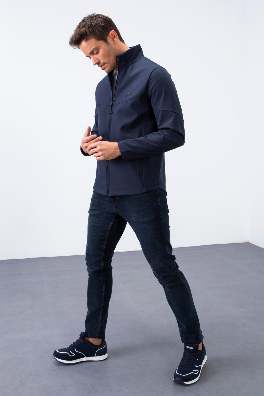 TMY Navy Zippered High Neck Water and Wind Resistant Softshell Men's Jacket - 88050 - Zalău